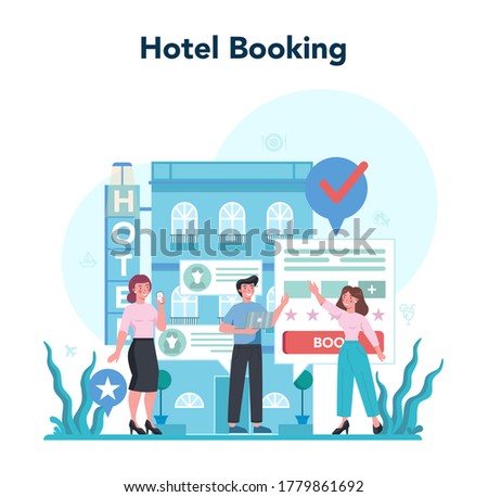 Travel agent concept. Office worker selling tour, cruise, airway or railway tickets. Vacation organization agency, hotel booking. Isolated vector illustration