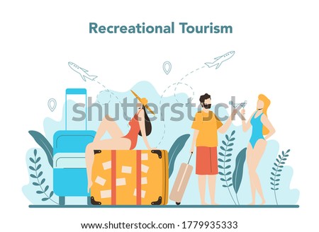 Travel agent concept. Office worker selling tour, cruise, airway or railway tickets. Vacation organization agency, hotel booking. Isolated vector illustration