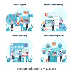 Conjunto de conceptos de agente de viajes. Trabajador de oficina vendiendo pasajes turísticos, de crucero, aéreos o ferroviarios. Agencia de organización de vacaciones, reserva de hotel. Ilustración vectorial aislada