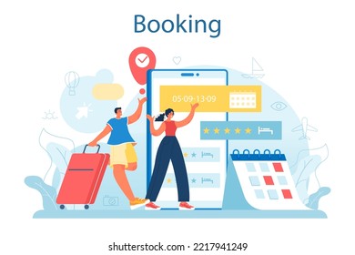 Travel agent concept. Tourism specialist selling tour, cruise, airway or railway tickets. Vacation organization agency, hotel booking and visa application. Flat vector illustration