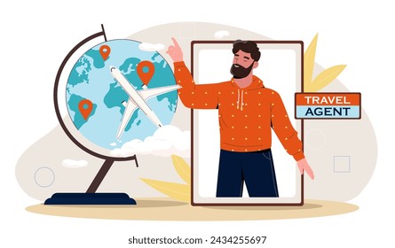 Travel agent concept. Young guy stand with smartphone near globe with destination. Holiday and vacation in tropical countries. Navigation and consultation. Cartoon flat vector illustration