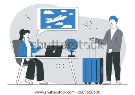 Travel agent consulting a man with suitcase, airplane in speech bubble, modern flat style on white background. Concept of travel and vacation planning. Vector illustration