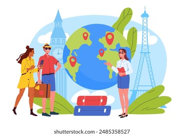 Travel agent with couple. Tour operator helps couple of tourists. Planning travel route. Holiday and vacation in tropical countries. Flat vector illustration isolated on white background