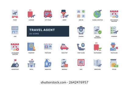 Travel agent flat icon set showing tourism services vacation booking elements and holiday planning visuals perfect for travel app infographic flyer or tour package design use