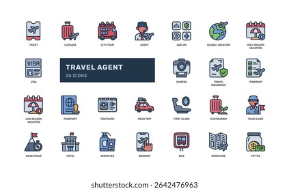 Travel agent icon set in outline filled style with vacation planning tourism items booking elements and service icons ideal for travel agency brochure itinerary UI or holiday promotion use