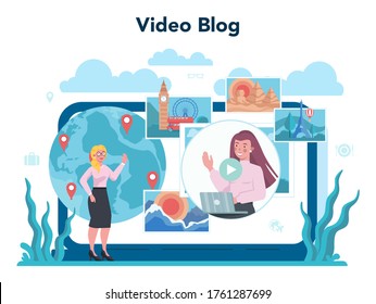 Travel agent online service or platform. Office worker selling tour, cruise, airway or railway tickets. Video blog. Isolated vector illustration