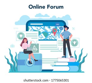 Travel agent online service or platform. Office worker selling tour, cruise, airway or railway tickets. Online forum. Isolated vector illustration