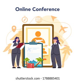 Travel agent online service or platform set. Office worker selling tour, cruise, airway or railway tickets. Online conference. Isolated vector illustration