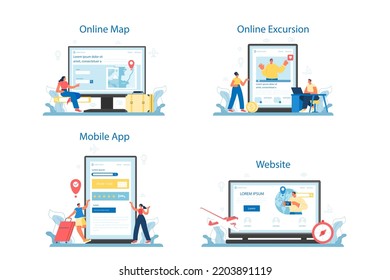 Travel agent online service or platform set. Tourism specialist selling tour. Vacation organization, hotel booking and visa application. Online map, excursion, mobile app, website. Vector illustration