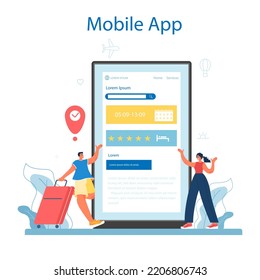 Travel agent online service or platform. Tourism specialist selling tour. Vacation organization, hotel booking and visa application. Mobile app. Vector illustration