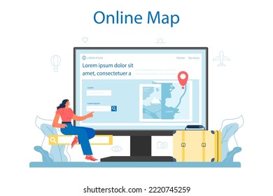 Travel agent online service or platform. Tourism specialist selling tour. Vacation organization, hotel booking and visa application. Online map. Vector illustration