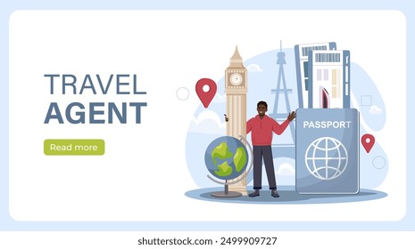 Travel agent poster. Man stands near globe, Big Ben and international passport with train tickets. Tour operator with landmarks. Holiday and vacation. Landing page. Flat vector illustration