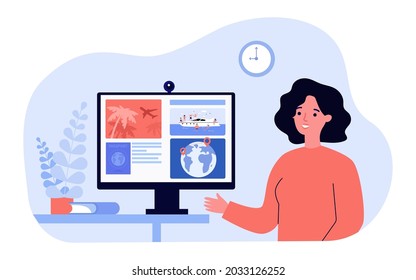 Travel agent talking about details of tourist trips. Flat vector illustration. Woman pointing to computer screen with images of flights, yacht, foreign passport. Service, vacation, resort concept