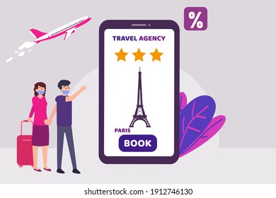 Travel agent vector concept: Young couple doing reservation in travel agent application while wearing face mask