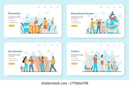 Travel agent web banner or landing page set. Office worker selling tour, cruise, airway or railway tickets. Vacation organization agency, hotel booking. Isolated vector illustration