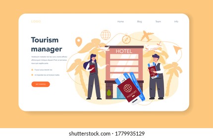 Travel agent web banner or landing page. Office worker selling tour, cruise, airway or railway tickets. Vacation organization agency, hotel booking. Isolated vector illustration