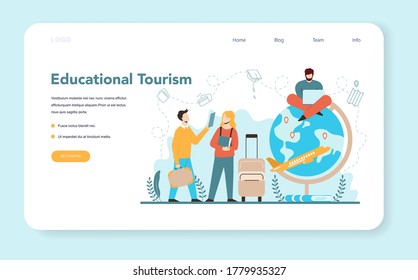 Travel agent web banner or landing page. Office worker selling tour, cruise, airway or railway tickets. Vacation organization agency, hotel booking. Isolated vector illustration