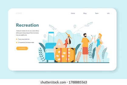 Travel agent web banner or landing page. Office worker selling tour, cruise, airway or railway tickets. Vacation organization agency, hotel booking. Isolated vector illustration