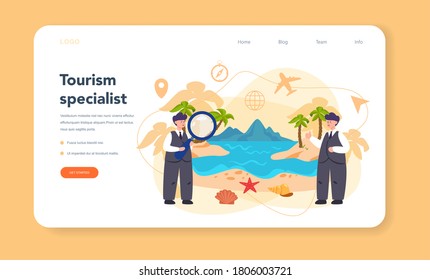 Travel agent web banner or landing page. Office worker selling tour, cruise, airway or railway tickets. Vacation organization agency, hotel booking. Isolated vector illustration