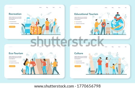 Travel agent web banner or landing page set. Office worker selling tour, cruise, airway or railway tickets. Vacation organization agency, hotel booking. Isolated vector illustration