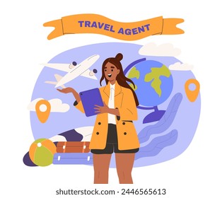 Travel agent woman. Young girl with globe and airplane, luggage. Assistant and consultant give advice for travelers and tourists. Cartoon flat vector illustration isolated on white background