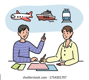 Travel Agents And Customers Are Making Travel Plans. Hand Drawn Style Vector Design Illustrations. 