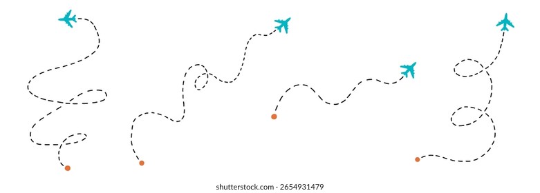 Icono de parche de línea de avión de viaje. Vuelo de la ruta del avión para el mapa. Vector Doodle Ilustración