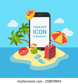 Travel air tickets resort hotel booking mobile app mockup showcase flat 3d isometric template vector illustration. Smartphone on tropic island beach among vacation objects: slippers suitcase cocktail.