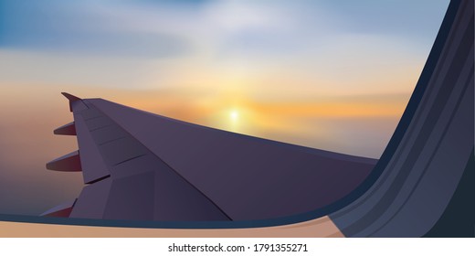 Travel and air transport concept with an airplane wing seen through a window against a sunset background.
