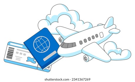 Travel aircraft illustration. Airplane, ticket and passport for tourism advertising.