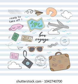 Travel airplane doodle set. Playful, cute, and flexible doodle set collection for brand who has fun style. Doodle art suits for kids and traveling theme.