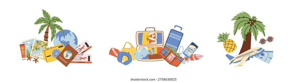 Travel airplane essentials compositions set. Mediterranean lemons, documents, open luggages, surfboards, and tropical airplane items. Travel plane packing set.