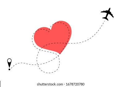 Travel airplane heart line route with red heart. Plane romantic icon with start point and dash line trace