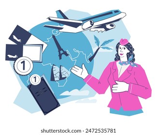 travel, airplane, plane, ticket, vacation, flight, trip, tickets booking, aircraft, banner, booking, tourist, airport, stewardess, character, journey, terminal, transport, boarding, tour, design, tour
