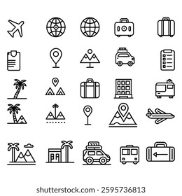 travel airplane, route, vacation, beach, mountain, hotel, icon vector bundle design