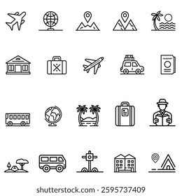 travel airplane, route, vacation, beach, mountain, hotel, icon vector
