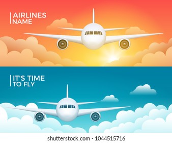 Travel airplane tourism vector banner design. World trip vacation background. Aircraft flight design concept.