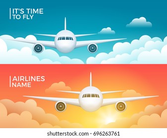 Travel airplane tourism vector banner design. World trip vacation background. Aircraft illustration