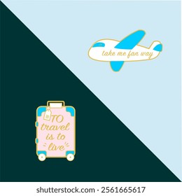 Travel airplane, tourist suitcase. Graphic design, icon, pin, symbol, poster label, clothing customization.