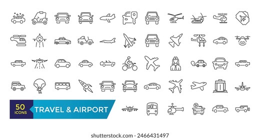 Conjunto de iconos de línea de viaje y aeropuerto. Contiene iconos de contorno lineal como Avión, Billete, Equipaje, Transporte, Equipaje, Avión. Ilustración vectorial editable.