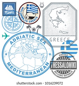 Travel or airport stamps or symbols set Greece theme, vector illustration