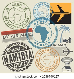 Travel and airport stamps or symbols set Africa theme vector illustration