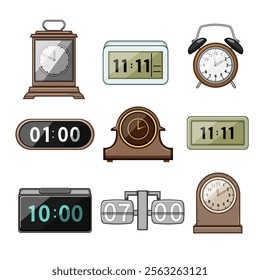 travel alarm clock set cartoon. digital analog, lightweight battery, loud durable travel alarm clock sign. isolated symbol vector illustration