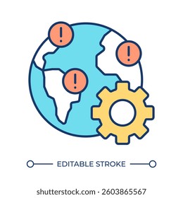 Travel alert RGB color icon. Earth globe with exclamation marks and cogwheel. International security system setup. Isolated vector illustration. Simple filled line drawing. Editable stroke