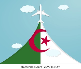 Travel to Algeria by flight, destination concept, vacation in Algeria, plane vector design, paper cut effect with blue sky and airplane, summer trip idea, country tourism banner