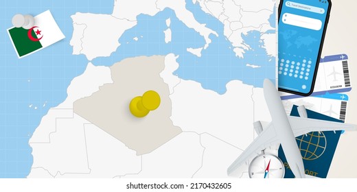 Travel to Algeria concept, map with pin on map of Algeria. Vacation preparation map, flag, passport and tickets. Vector illustration in flat design.