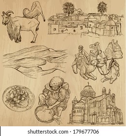 Travel : ALGERIA set no.2. Collection of hand drawn illustrations. Each drawing comprises two or three layers of outlines, the colored background is isolated.