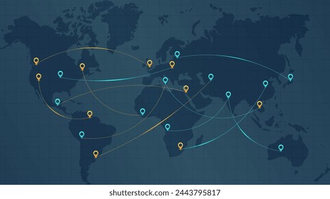 Travel all over the world. Map of the world with various countries and cities marked with blue and yellow pins. Lines represent relocate around the world. Vector illustration