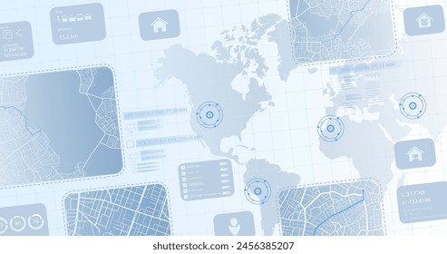 Viaja por todo el mundo. Mapa del mundo con varios países y ciudades marcadas con datos Las líneas representan reubicaciones en todo el mundo. Ilustración vectorial