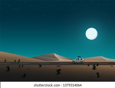 Travel along the way of tourists, Through the desert area at night, Beautiful night sky, Vector design